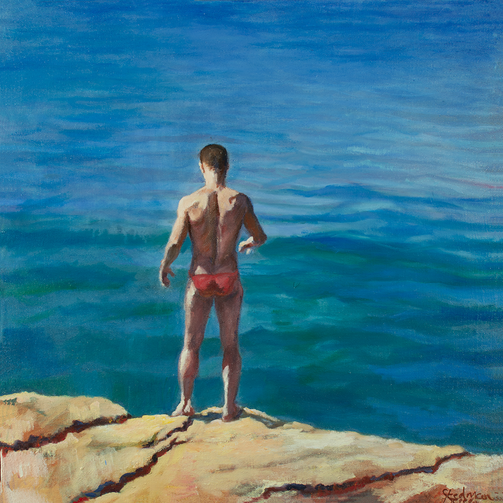 Painting of Man on cliff edge facing the sea